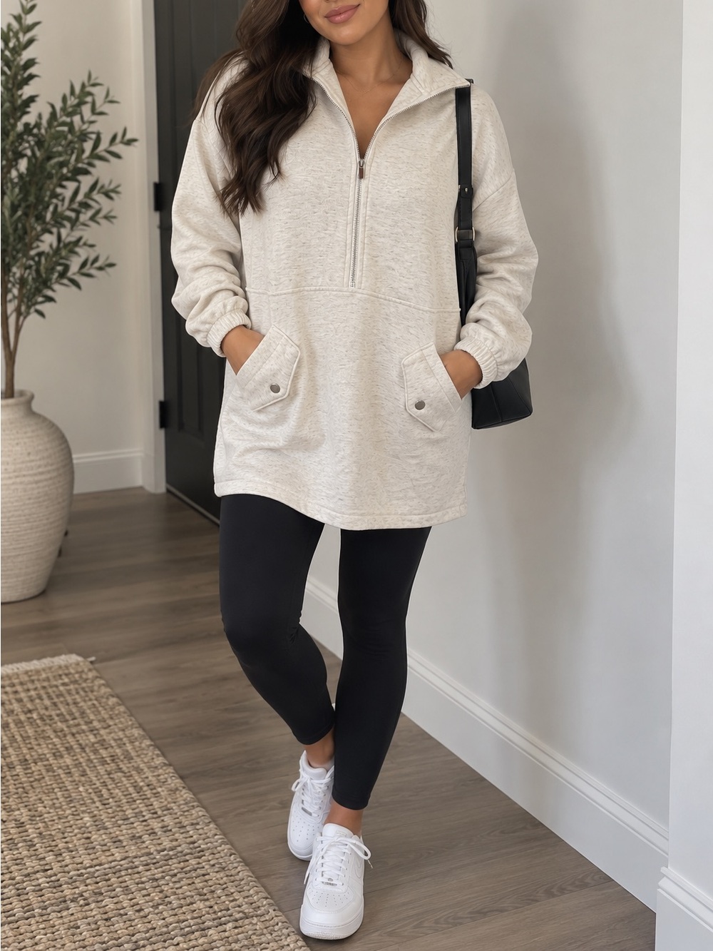 H by Halston Ivory Funnel Neck Zip Front Tunic Sweatshirt Top